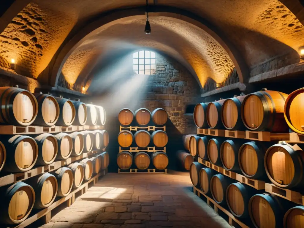 Envejecimiento de bebidas alcohólicas: Bodega atmosférica con barricas de roble, polvo y luz cálida entre sombras