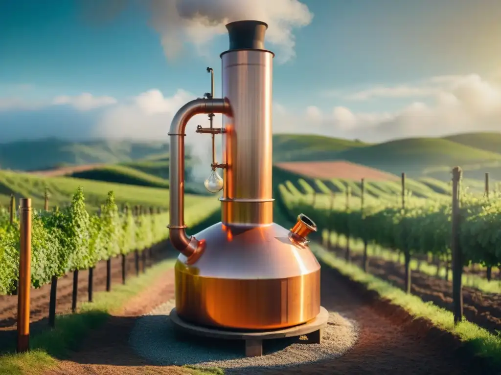 Destilación de cobre en viñedos verdes: tradición y artesanía en 8k Equilibrio sostenible en producción de destilados: antigua destiladora de cobre en viñedos verdes al sol