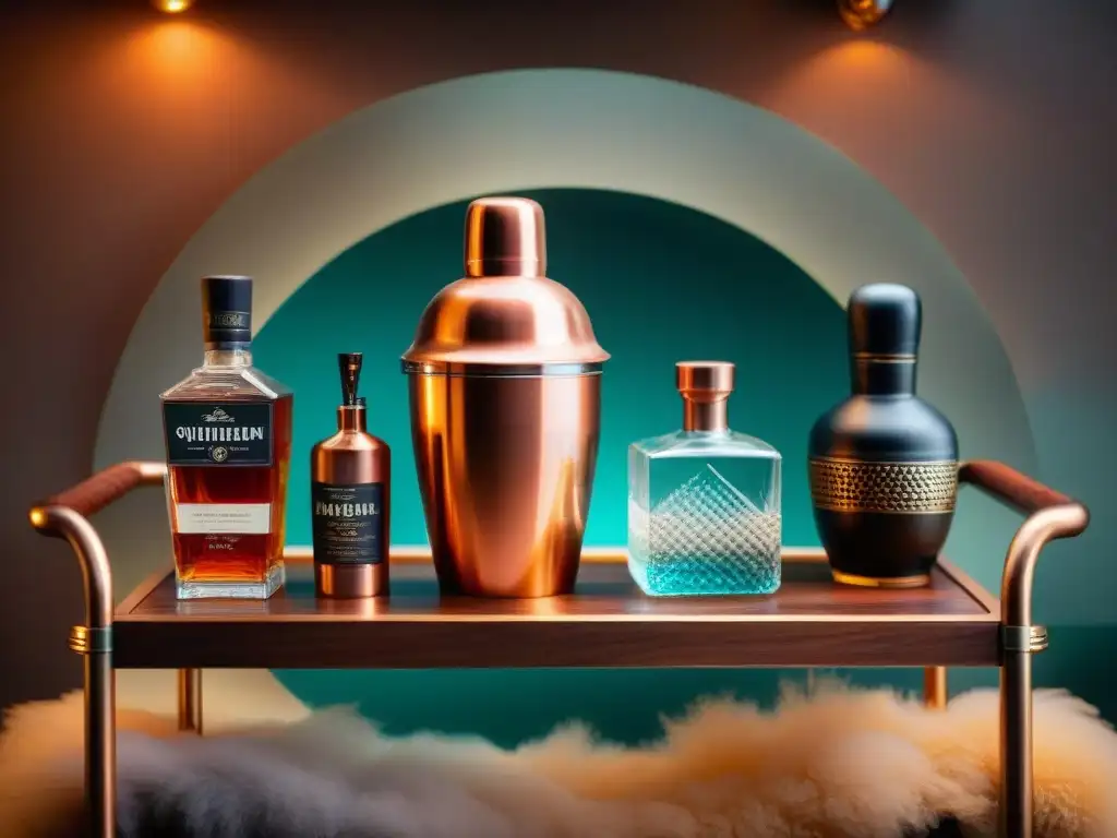 Estación de coctelería vintage: detalles en cobre y cristal Equipo de mixología moderno completo en estación vintage con detalles detallados y cálida iluminación ambiental