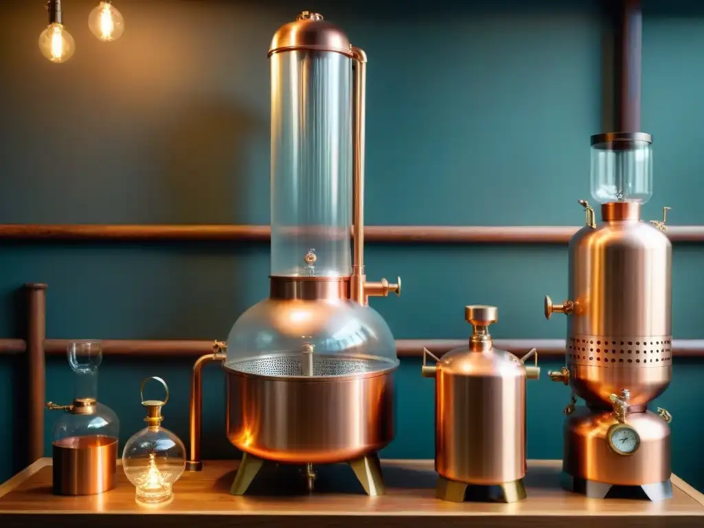 Destilador de cobre vintage en destilería tradicional Equipos híbridos destilación innovación: Detalle de un alambique vintage de cobre y vidrio en una destilería tradicional, iluminada por linternas