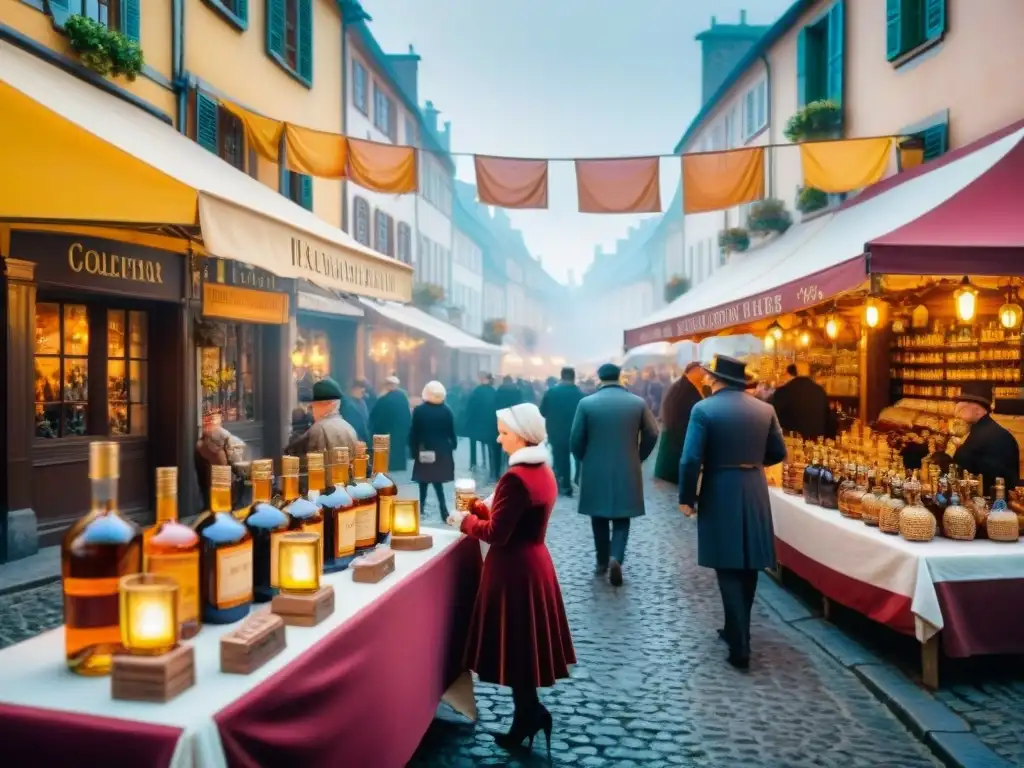 Festival de Brandy en Mercado Histórico Europeo Escena animada en el mercado de un histórico pueblo europeo, con vendedores y clientes en el Revolución Festival Internacional del Brandy
