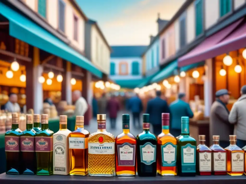 Mercado vibrante con exclusivas bebidas vintage en botellas ornamentadas Escena animada en mercado con lanzamiento ediciones limitadas bebidas alcohólicas en botellas ornamentadas y clientes emocionados