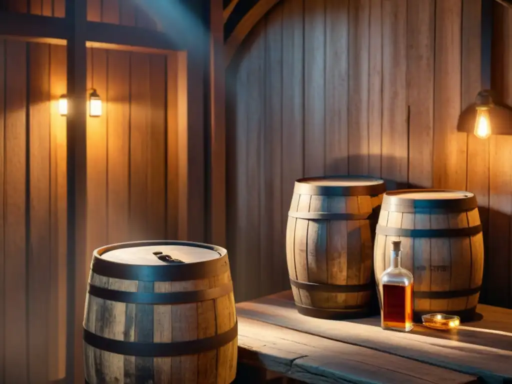 Cellar enigmático: barriles de licor y botella elegante Escena de bodega atmosférica con barricas de madera envejeciendo destilados, resaltando la estabilidad química de las bebidas