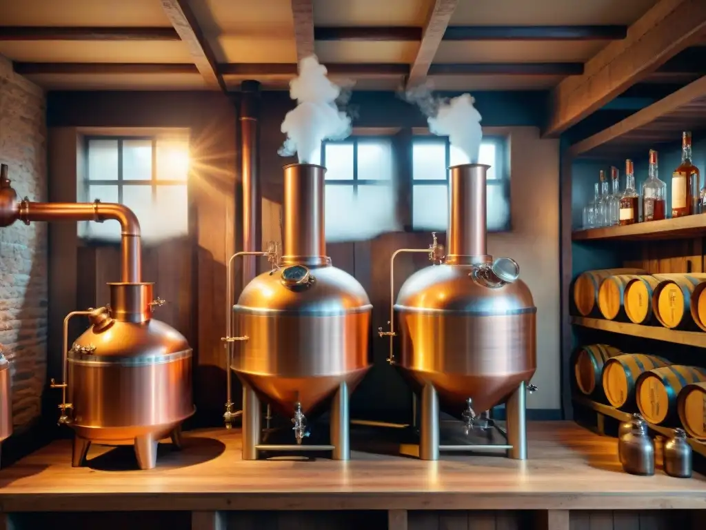 Destilería vintage de cobre y madera en dorada luz Escena cálida de destilación de bebidas alcohólicas sin aditivos en alambique de cobre y barricas de roble envejecidas, iluminada por luz dorada