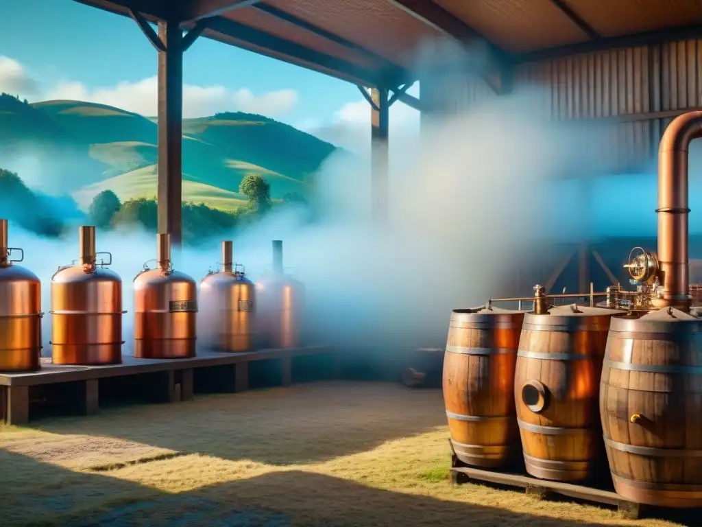Destilería vintage: tradición y destreza en 8k Escena cautivadora de destilería vintage con alambiques de cobre, barriles de licores añejos y paisaje de colinas verdes y cielo azul