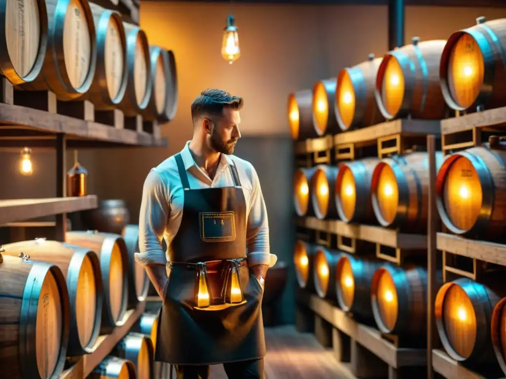 Destilería de whisky de lujo: maestro destilador inspecciona precioso licor ámbar en sala iluminada por linternas y barricas de roble Escena de un club exclusivo de whisky, destilación de arte en una destilería iluminada con barriles de madera y alambiques de cobre