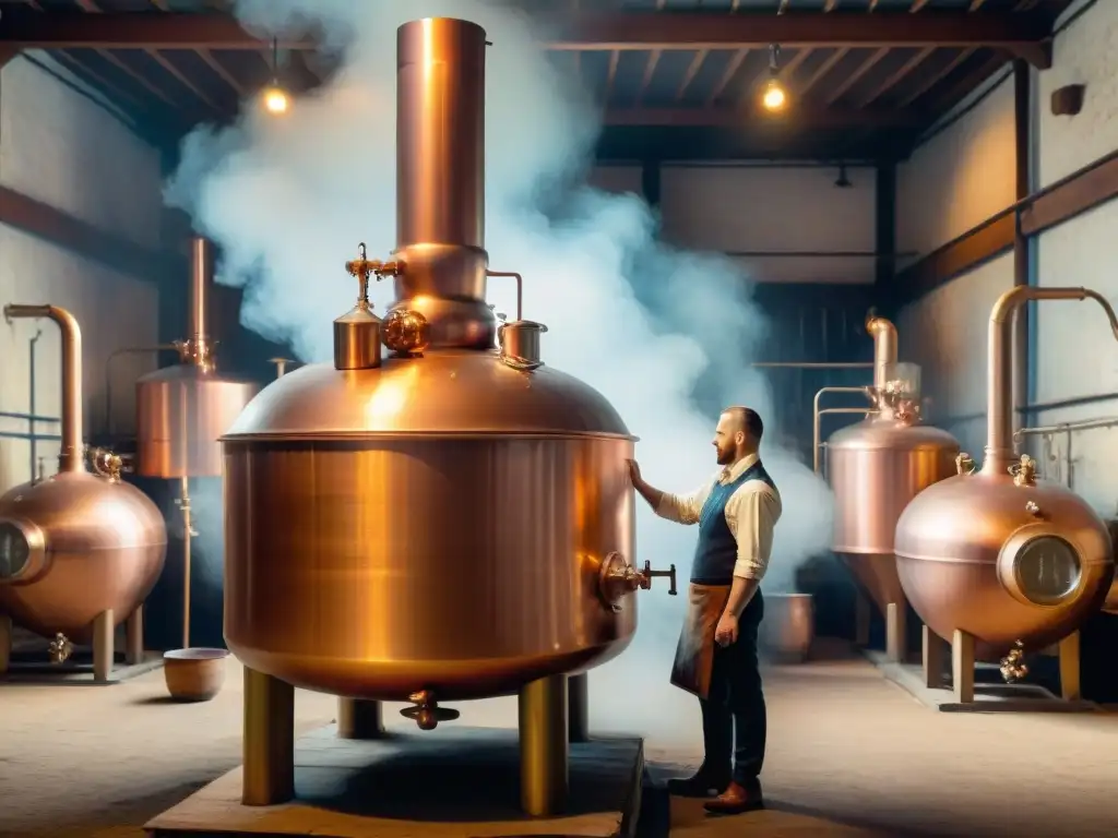 Destilación de vodka en alambique de cobre: escena vintage rústica Escena de destilación de vodka en alambique de cobre en destilería rústica