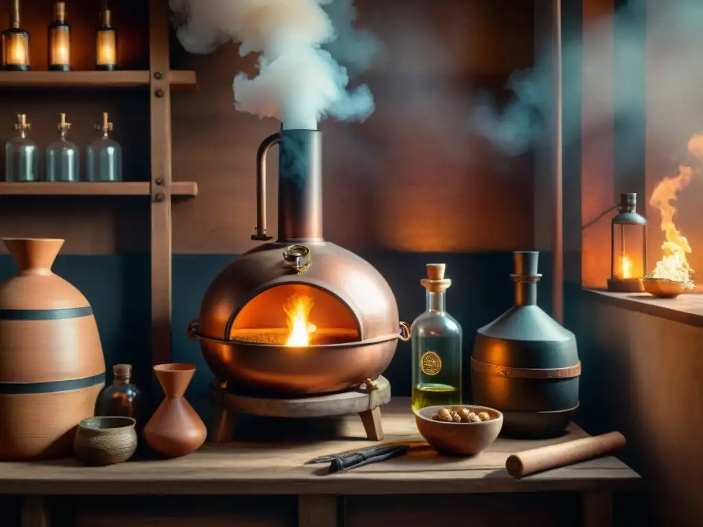 Destilación ancestral: alambique de madera y cobre en ambiente místico Una escena detallada de destilación ancestral con alambique de madera y cobre, agave y frutas, en una atmósfera cultural