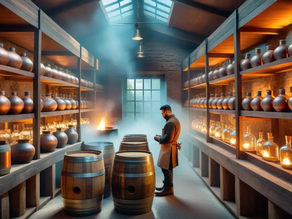Escena detallada de destilería vintage: tradición y artesanía en 8k Escena detallada de destilería antigua con alambiques de cobre, barriles de madera y trabajadores en atuendos tradicionales, reflejando historia destilación bebidas alcohólicas