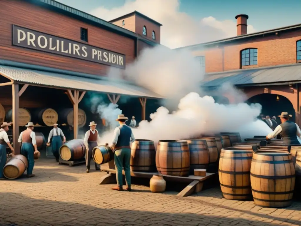 Una escena detallada de un bullicioso mercado de destilería del siglo XX, capturando la esencia histórica y los desafíos destilerías mercado actual