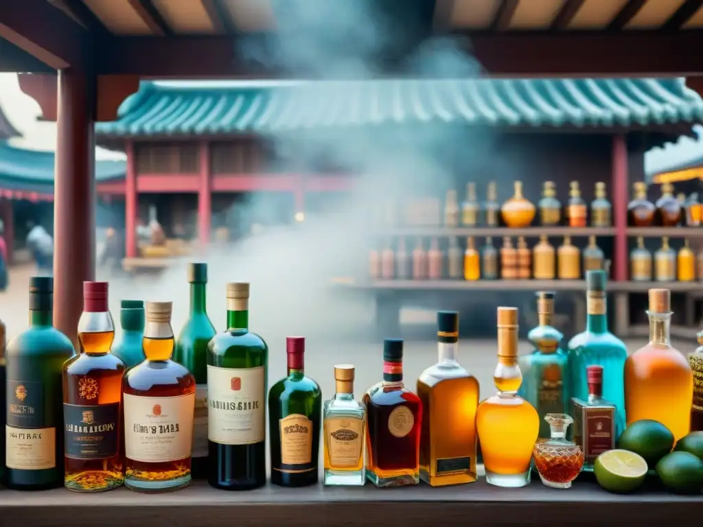 Escena detallada de un bullicioso mercado asiático con destilados más populares en Asia