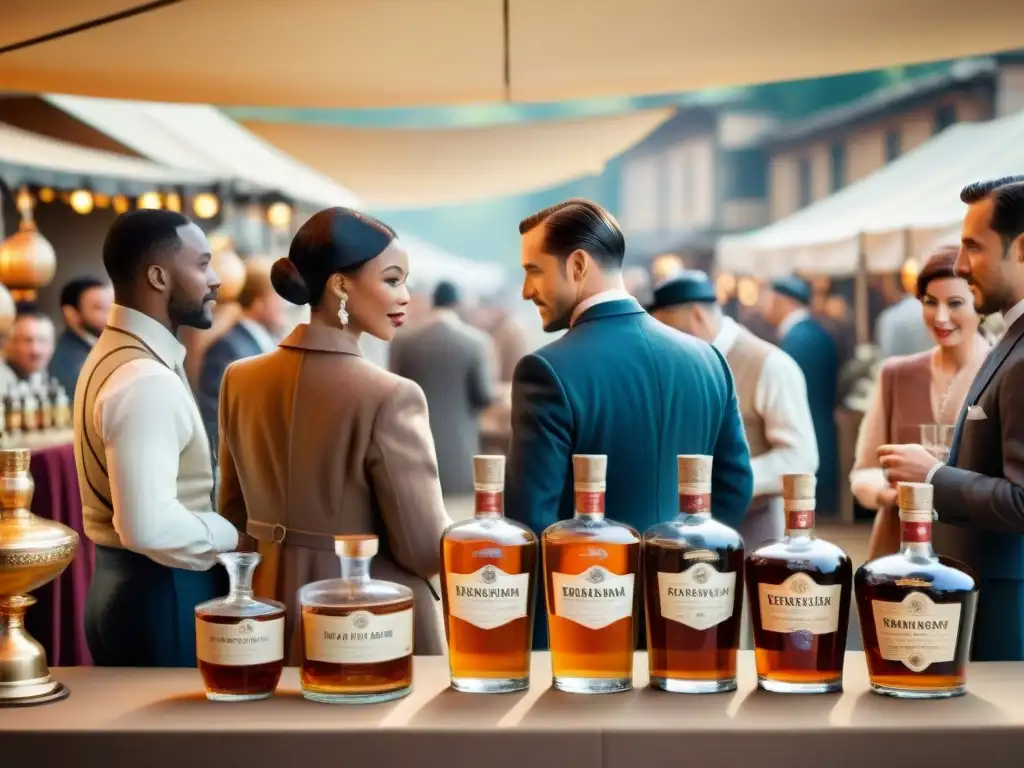 Festival del Brandy: Mercado Vintage 1920 Escena detallada del bullicioso mercado de los años 20 en el Festival Internacional del Brandy, evocando tradición y sofisticación