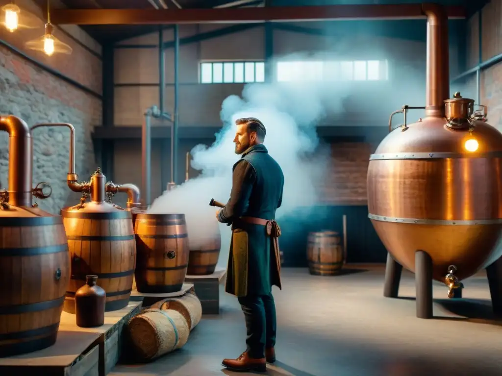 Arte ancestral: destilería vintage con alambiques de cobre y barricas de madera Una escena detallada y cautivadora de destilería tradicional, donde artesanos trabajan con alambiques de cobre y barricas de madera