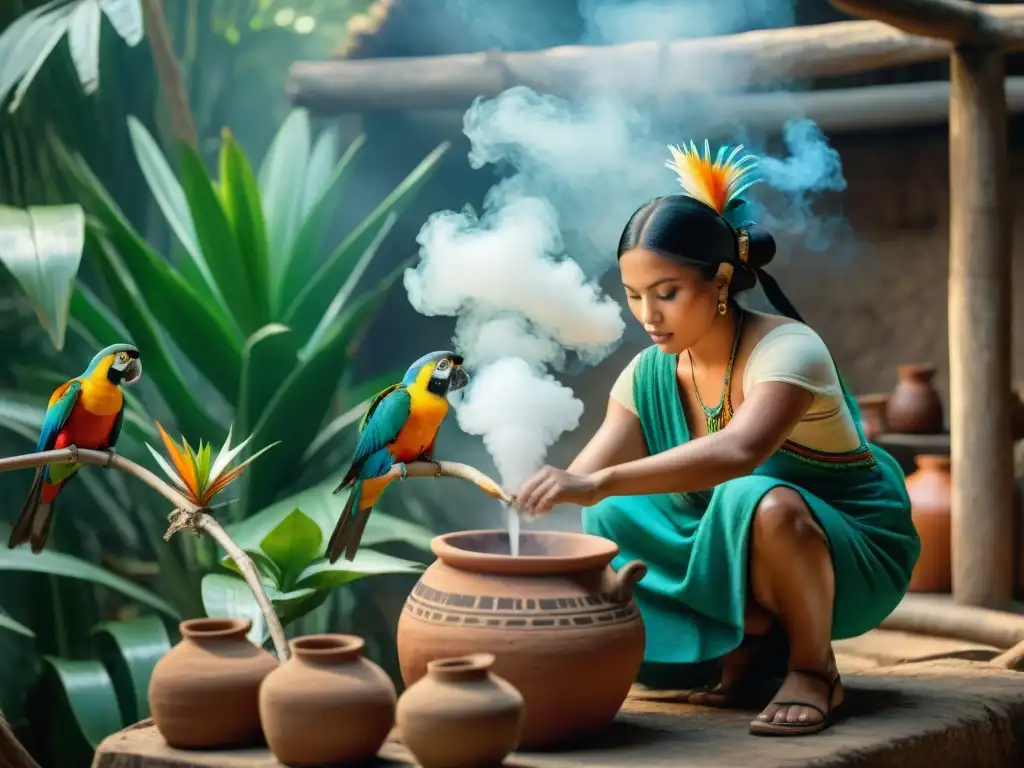 Escena detallada de destilación de agave por artesanos mayas, en la exuberante jungla mesoamericana