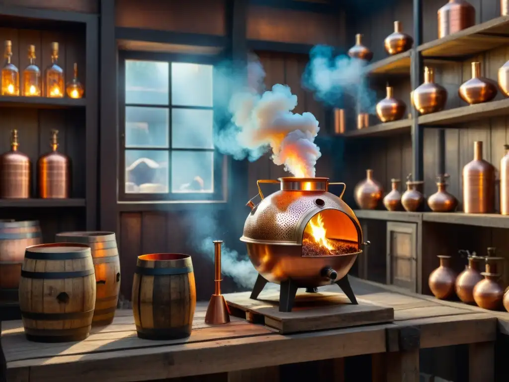 Escena detallada de destilación artesanal de bebidas, con alambique de cobre sobre fuego en ambiente rústico y cálido