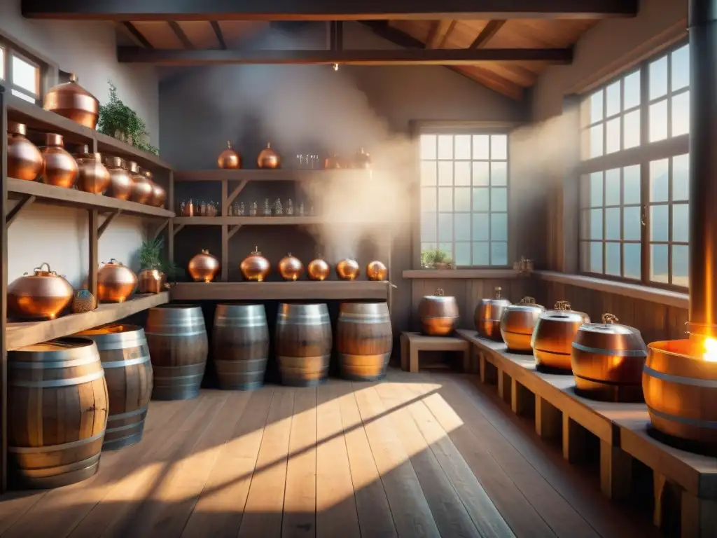 Destilería rústica: tradición y calidad en imagen 8k Escena detallada de destilación de bebidas alcohólicas orgánicas en ambiente rústico con alambiques de cobre y ingredientes naturales