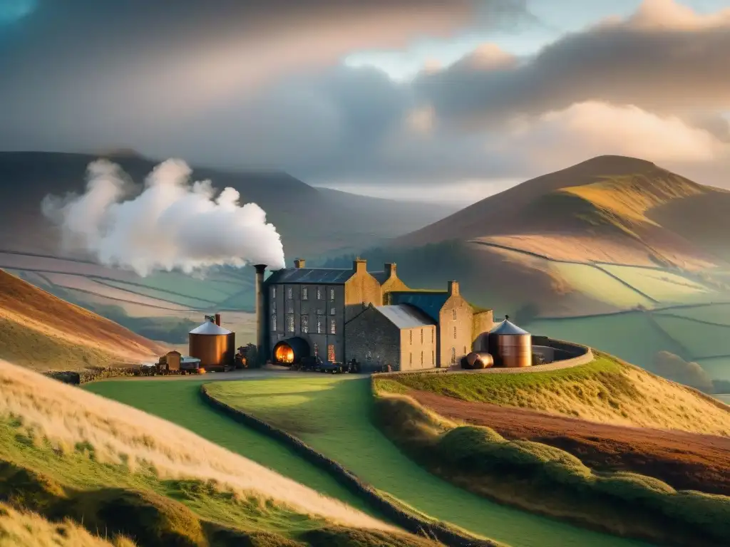 Escena detallada de la destilería original de Johnnie Walker en Kilmarnock, Escocia, 1820