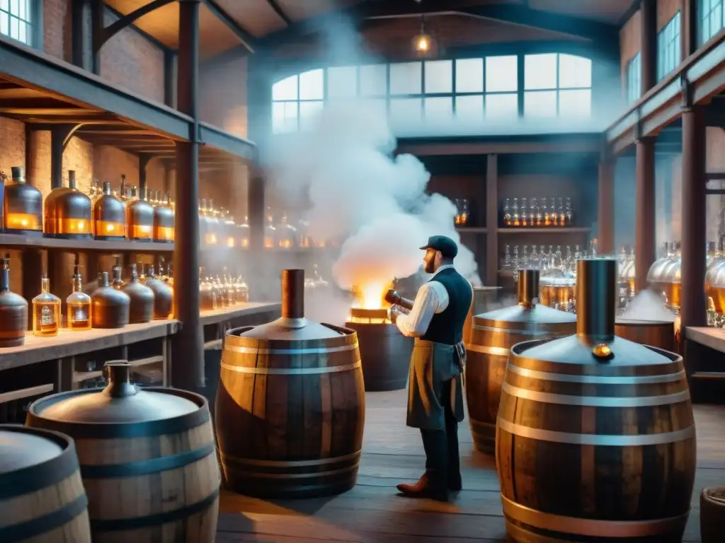 Escena detallada de destilería del siglo XIX en 8k Escena detallada de destilería del siglo XIX durante la Revolución Industrial destilación bebidas espirituosas