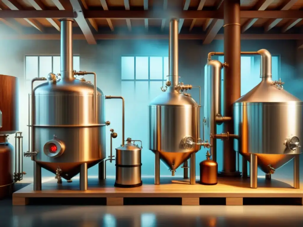 Evolution of Distillation: Dual Fermentation in Vintage Scene Escena detallada de destilería histórica con fermentación dual en destilación alcohólica