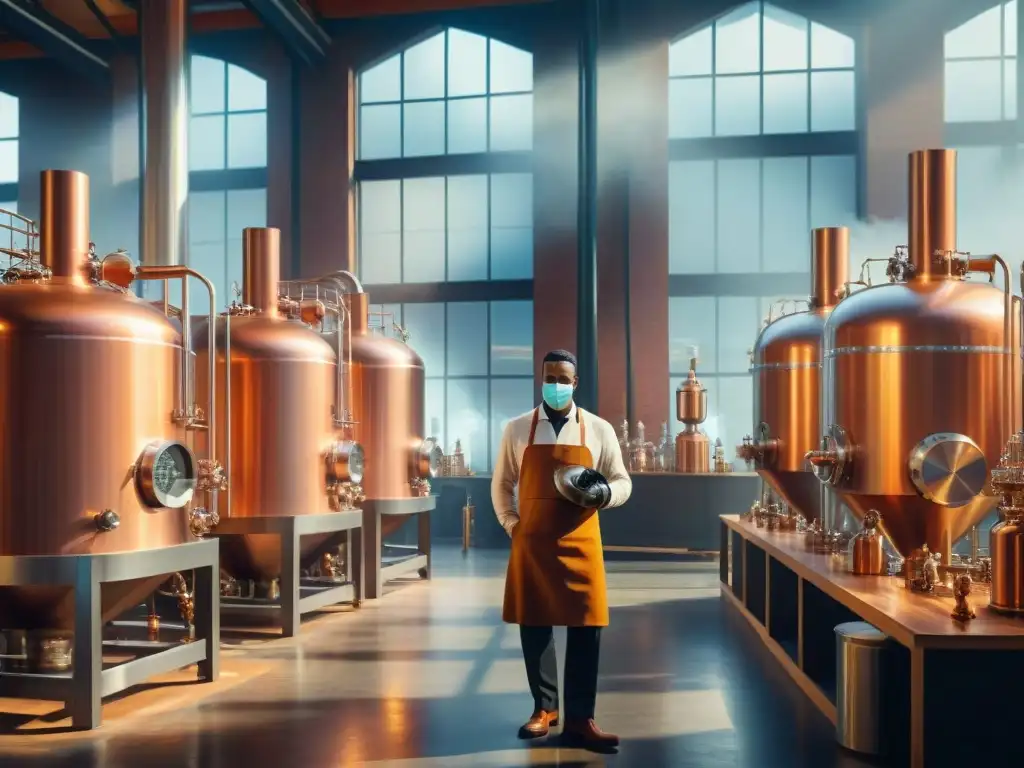 Destilería pospandemia: tradición y tecnología en armonía Escena detallada de destilería postpandemia: tecnología y tradición se fusionan en la industria de destilados