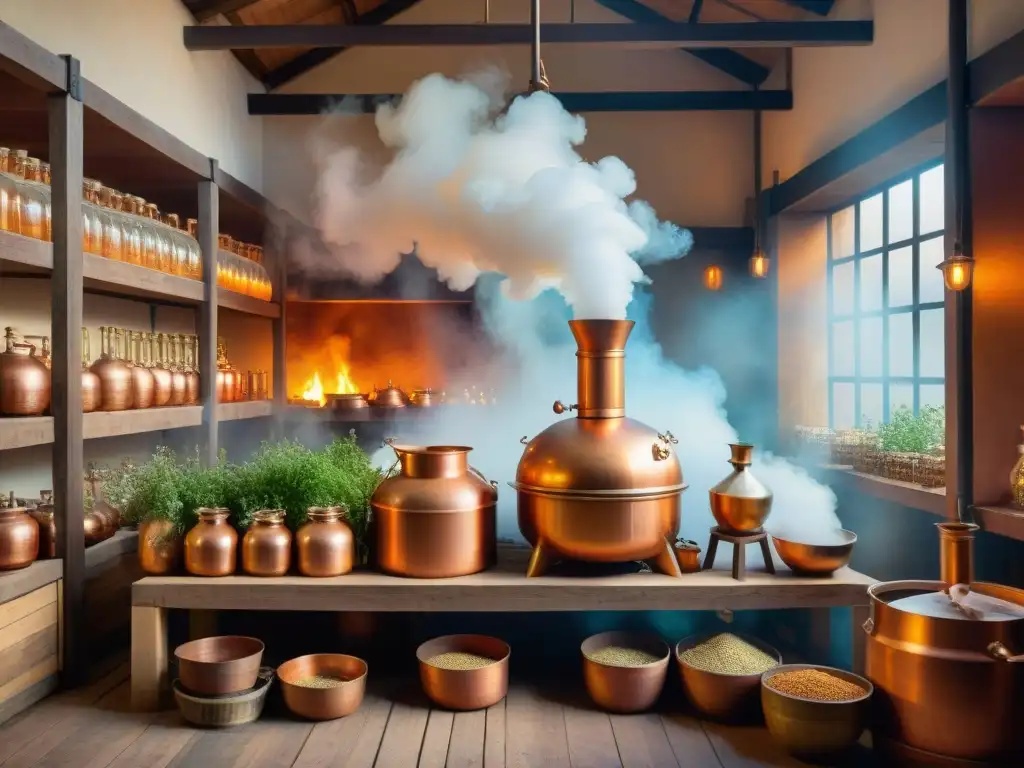 Escena vibrante de destilación tradicional en mercado histórico Escena detallada de destilación, mercado bullicioso con vendedores de hierbas, alambique de cobre y personas intercambiando técnicas