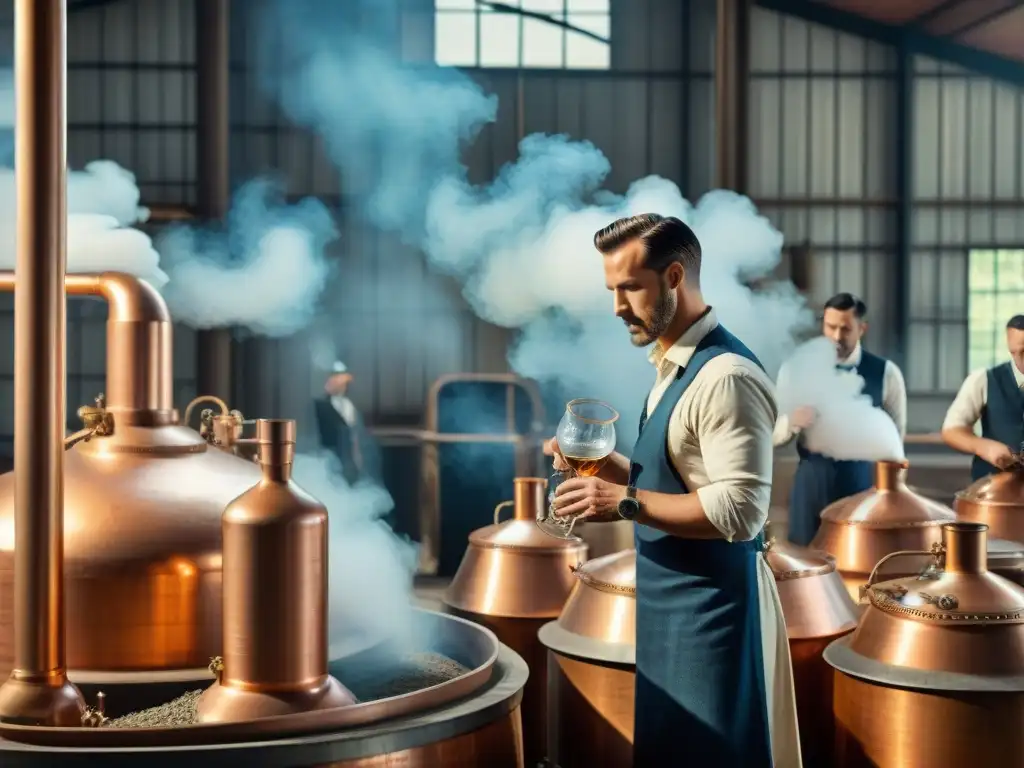 Destilería sostenible del siglo XX: Tradición y innovación en armonía Una escena detallada de destilación sostenible durante pandemia, con trabajadores y alambiques de cobre en una destilería vintage del siglo XX