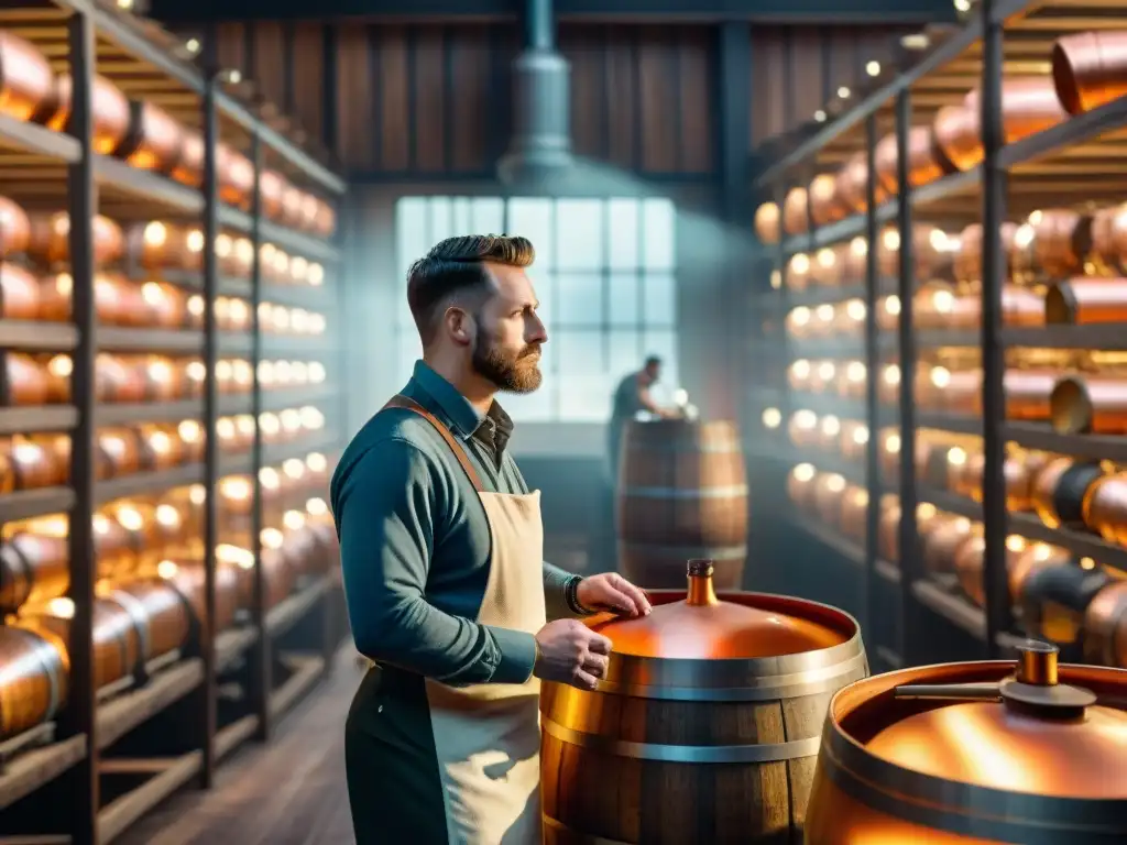 Escena detallada de destilería tradicional con alambiques de cobre brillando bajo cálida luz