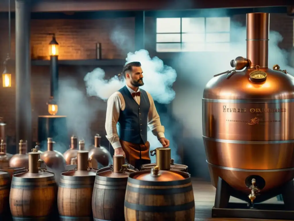 Destilería vintage: artesanía y tradición en premium spirits Escena detallada de destilería vintage: alambiques de cobre, barricas de whisky y trabajadores artesanales