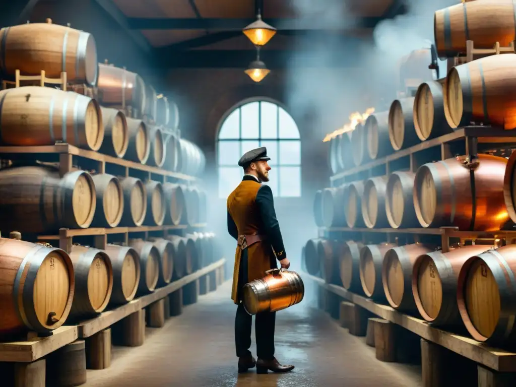 Escena detallada de destilería vintage con alambiques de cobre, barricas de whisky y trabajadores en trajes del siglo XIX
