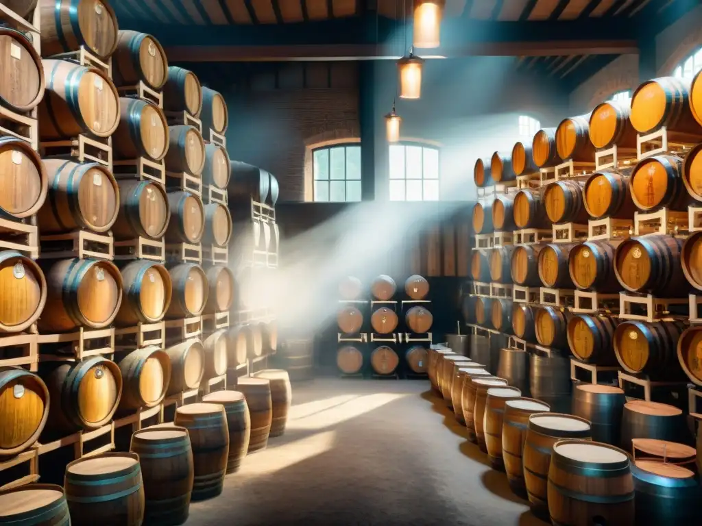Destilería vintage: artesanía y tradición en imagen 8k Escena detallada de destilería vintage con barricas de roble, alambiques de cobre y destilador experto
