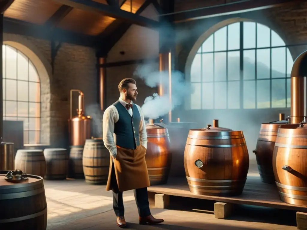 Destilería tradicional: maestría y tradición en cada destilación Escena detallada de destilería vintage con maestro destilador inspeccionando licor ámbar