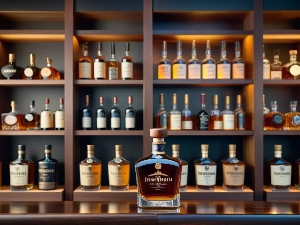 Escena elegante en un bar de whisky con botellas de marcas destilados premium recomendadas en estantes