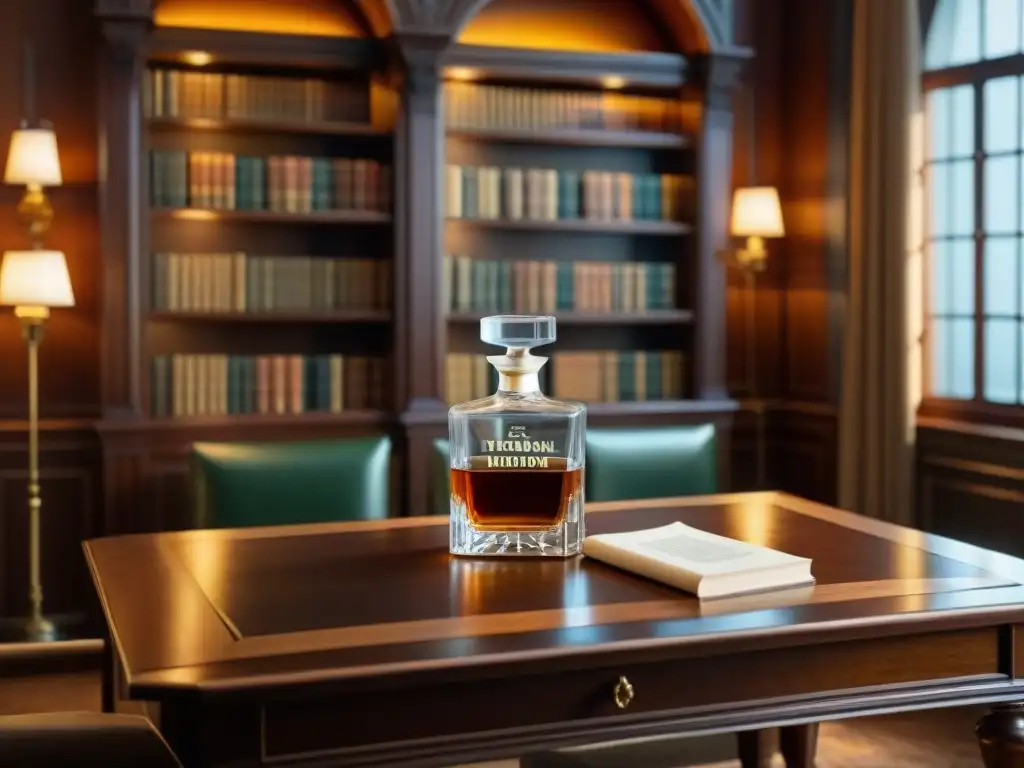 Refugio de sabiduría: biblioteca vintage con whisky y gafas Escena elegante en biblioteca con libros antiguos, licor ámbar y lentes de lectura