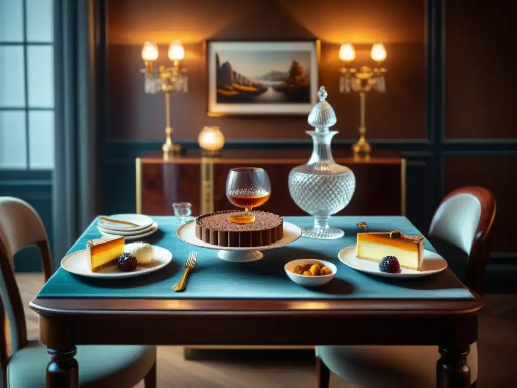 Salón de lujo de los años 20 con postres clásicos y cognac Una escena elegante de un comedor de los años 20, con maridaje de cognac y postres, creando sensaciones profundas