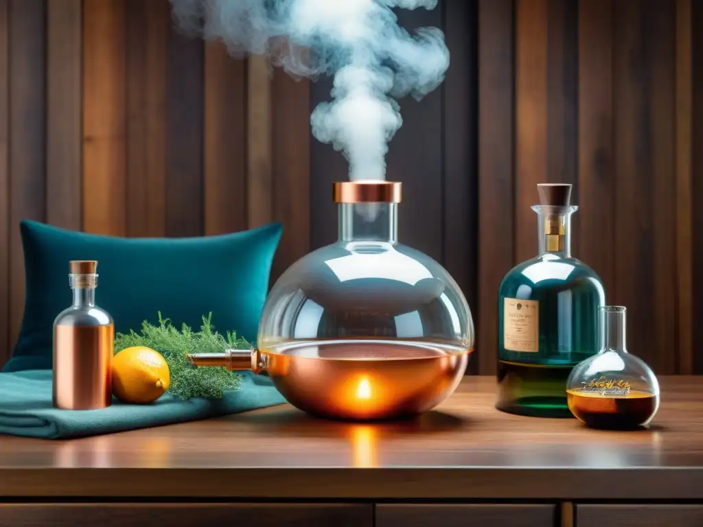 Alambique de cobre y botánicos: tradición destilada con maestría Una escena encantadora de destilación artesanal de bebidas alcohólicas en un entorno rústico con equipos vintage y botánicos