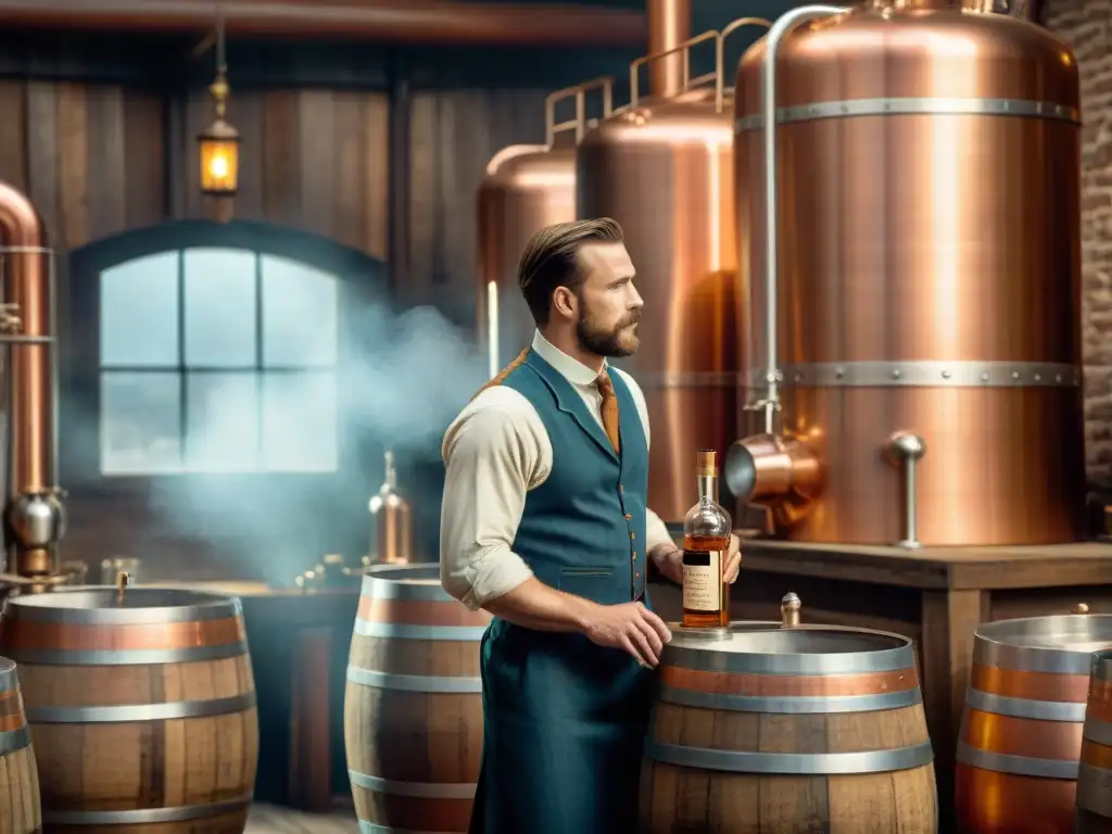 Destilería histórica: tradición y destreza en la producción de licores Una escena histórica de destilación de bebidas alcohólicas con obreros en atuendos tradicionales, destilando licores en alambiques de cobre