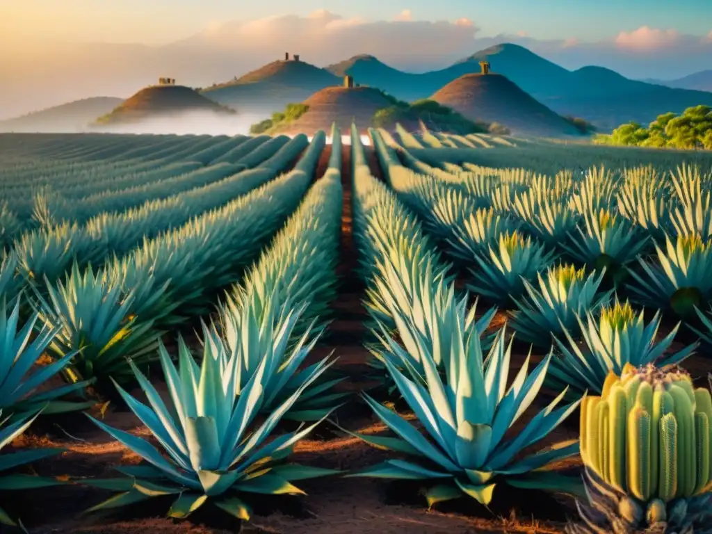 Campo de agave al atardecer: tradición y belleza mexicana Escena histórica de la destilación de bebidas alcohólicas en México: campo de agave al atardecer con agricultores cosechando