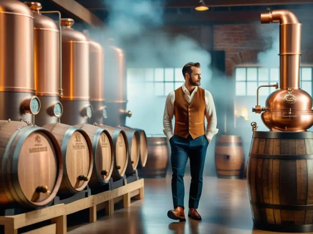 Escena histórica de destilería del siglo XIX con destilación de bebidas alcohólicas modernas