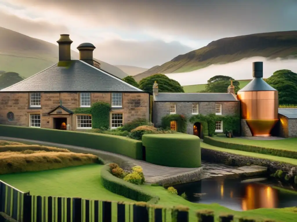 Escena histórica de destilación de whisky en destilería de Johnnie Walker en Kilmarnock, Escocia
