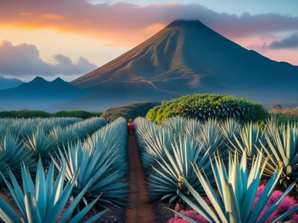Esencia mexicana: Jimador cosechando agave al atardecer Escena mágica de una hacienda mexicana al atardecer, con campos de agave y un jimador cosechando, bajo la mirada de un volcán