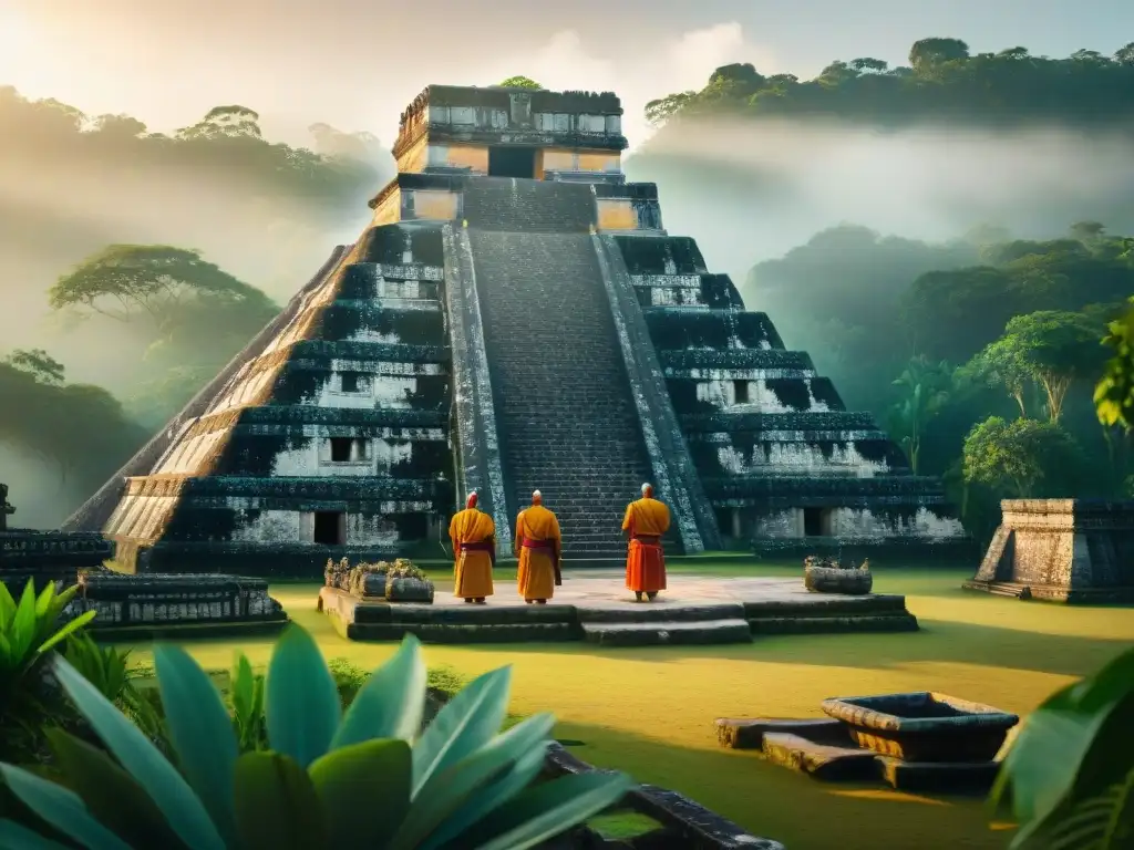Ritual ancestral en templo maya entre la selva Una escena mística de un templo maya rodeado de exuberante jungla, con sacerdotes realizando una destilación de bebidas alcohólicas ancestral