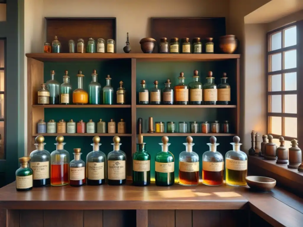 Tienda de boticario vintage: infusiones, herramientas y nostalgia Escena nostálgica en una antigua botica con regulación destilados infusionados arte