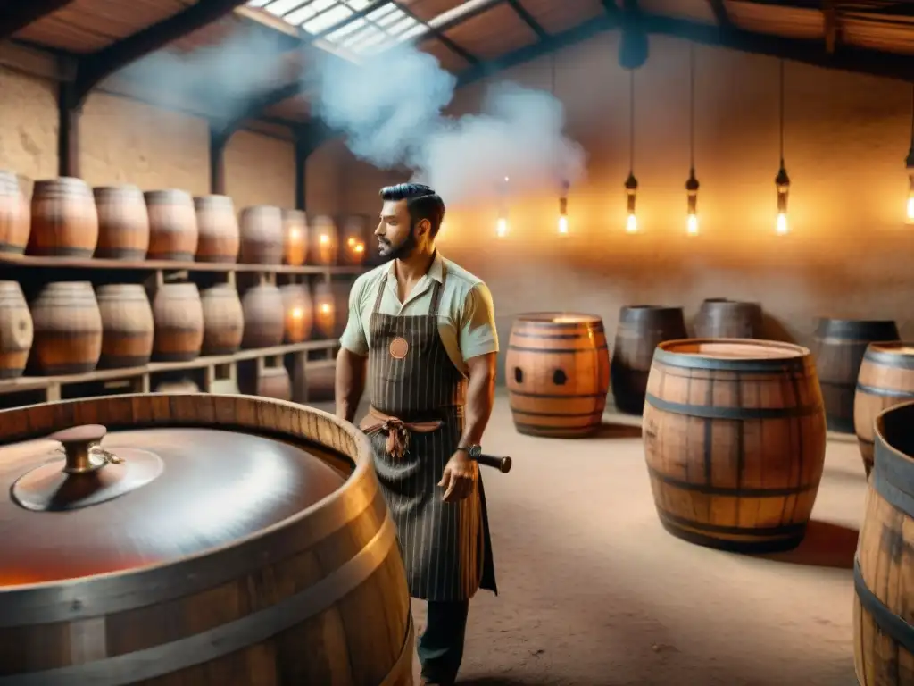 Destilería tradicional de cachaça en Brasil: historia y tradición Escena nostálgica de destilación de cachaza en Brasil con barriles de madera, alambiques de cobre y trabajadores en ropa vintage