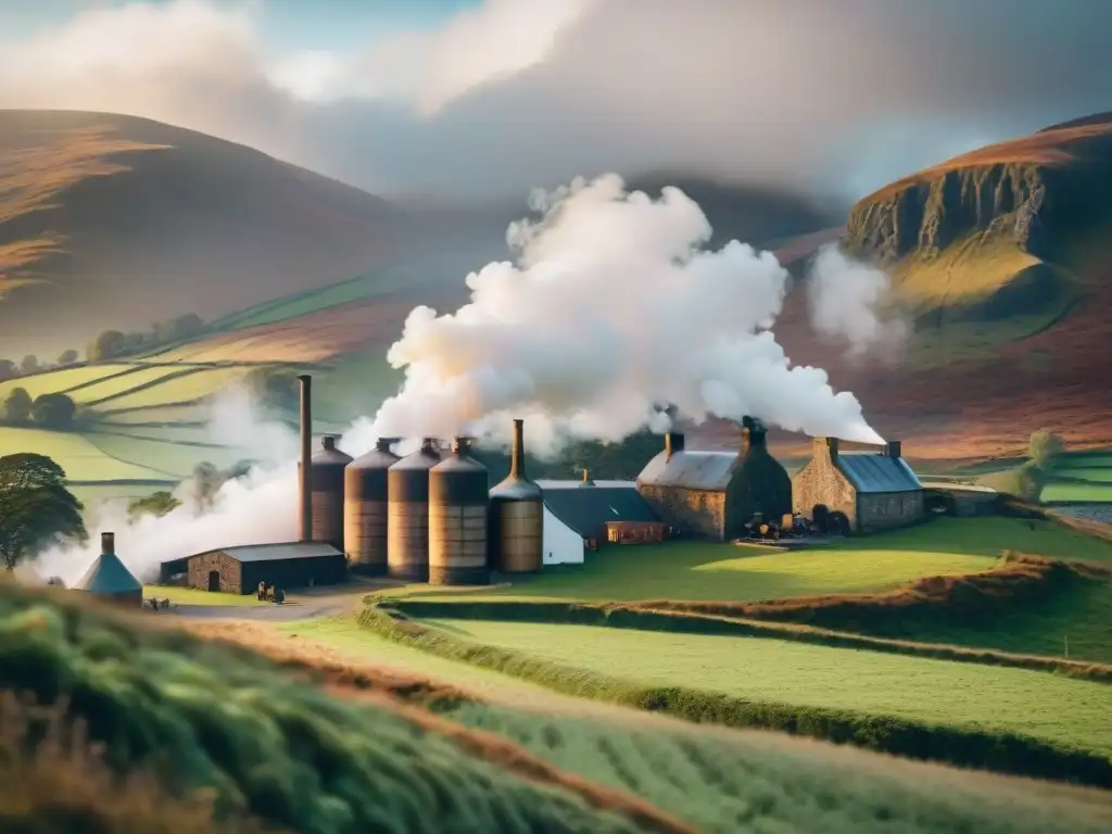Destilería escocesa: tradición y paisaje en ilustración vintage Escena nostálgica de destilación de whisky en Escocia: destilería tradicional entre cerros verdes y cielo dramático