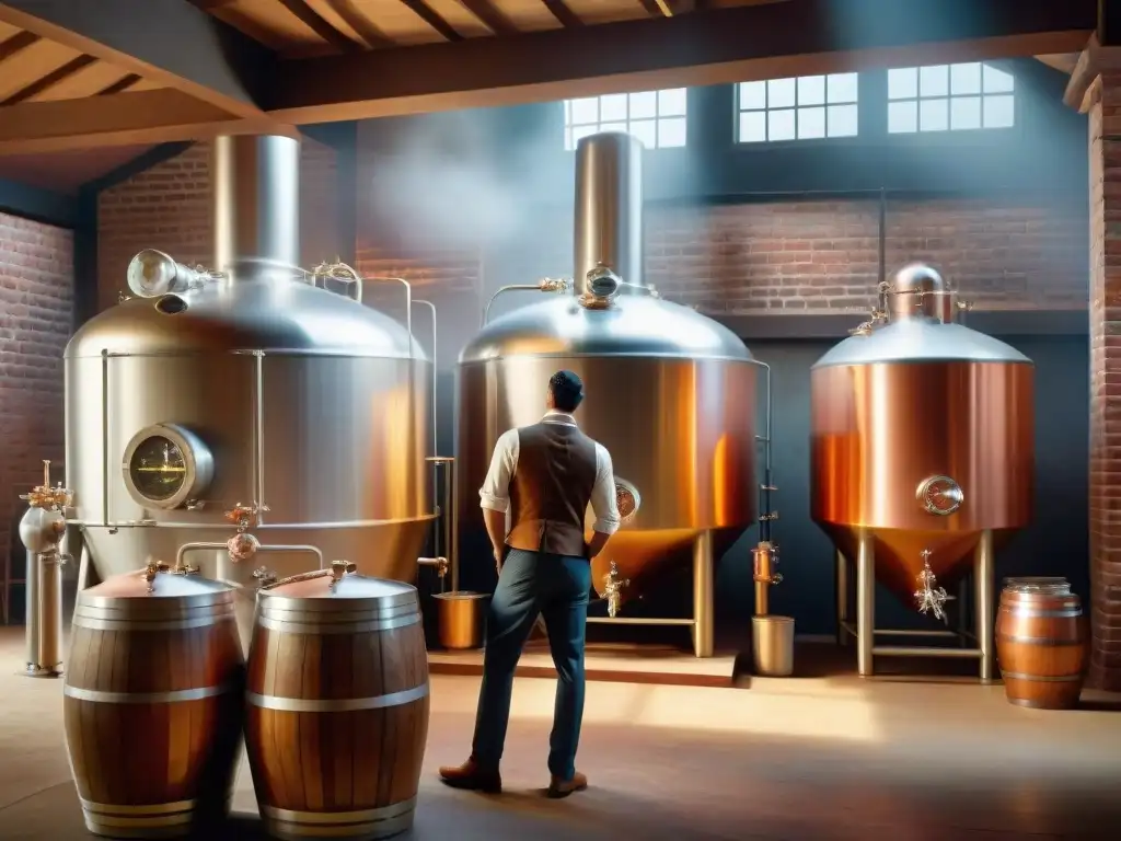Destilería tradicional: arte en fermentación dual Una escena nostálgica de fermentación dual en destilación alcohólica en una destilería tradicional con tanques de madera y alambiques de cobre, trabajadores ataviados con trajes antiguos