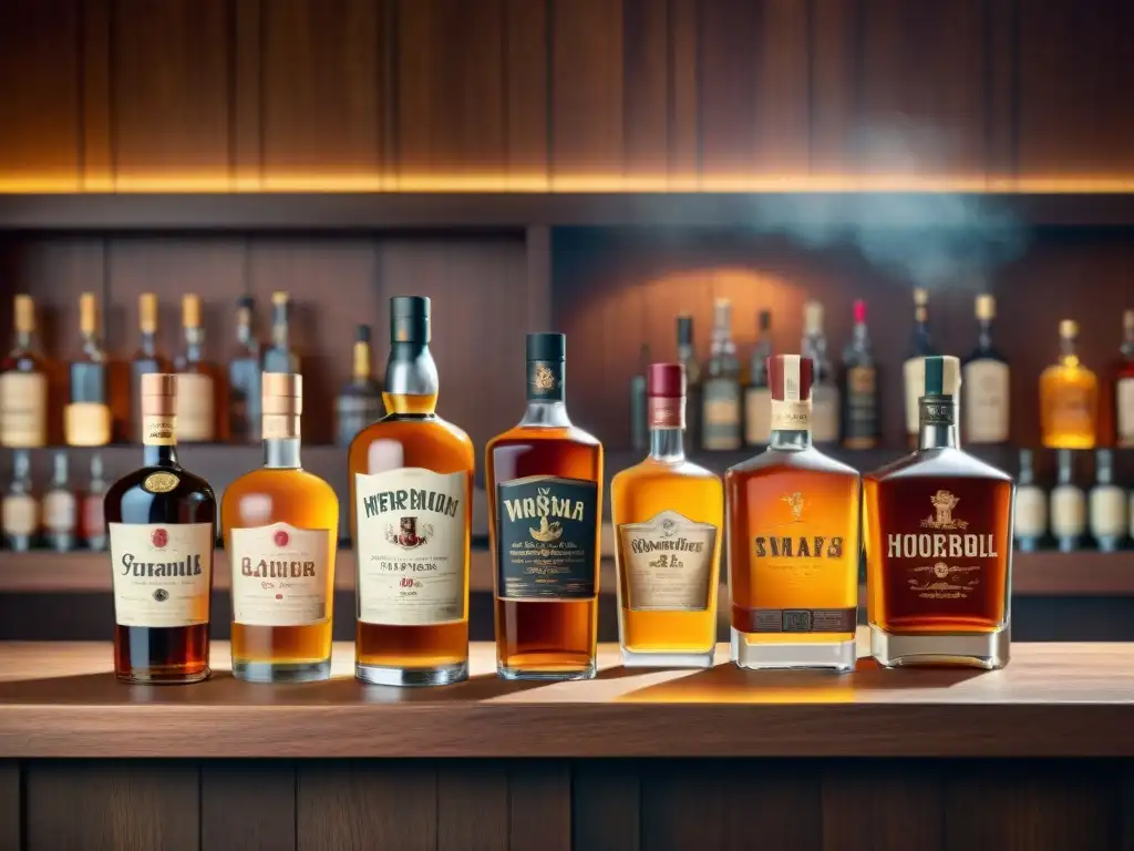 Destilados premium en bar vintage: whisky, ron y vodka Una escena nostálgica y sofisticada de bebidas destiladas en un elegante bar de madera