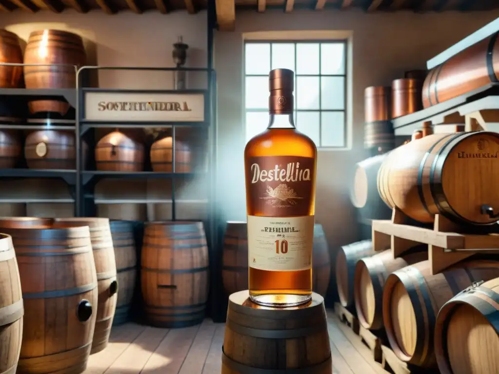 Destilería Sostenible: Tradición en Cobre y Roble Escena nostálgica en destilería sostenible, destilación de bebidas alcohólicas