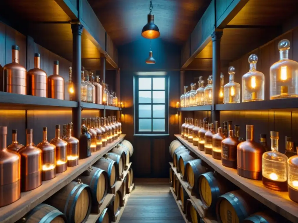 Destilería histórica: Detalles y ambiente enriquecedor Escena rica y atmosférica en destilería histórica iluminada por bombillas Edison, con destilerías de bebidas exóticas especializadas