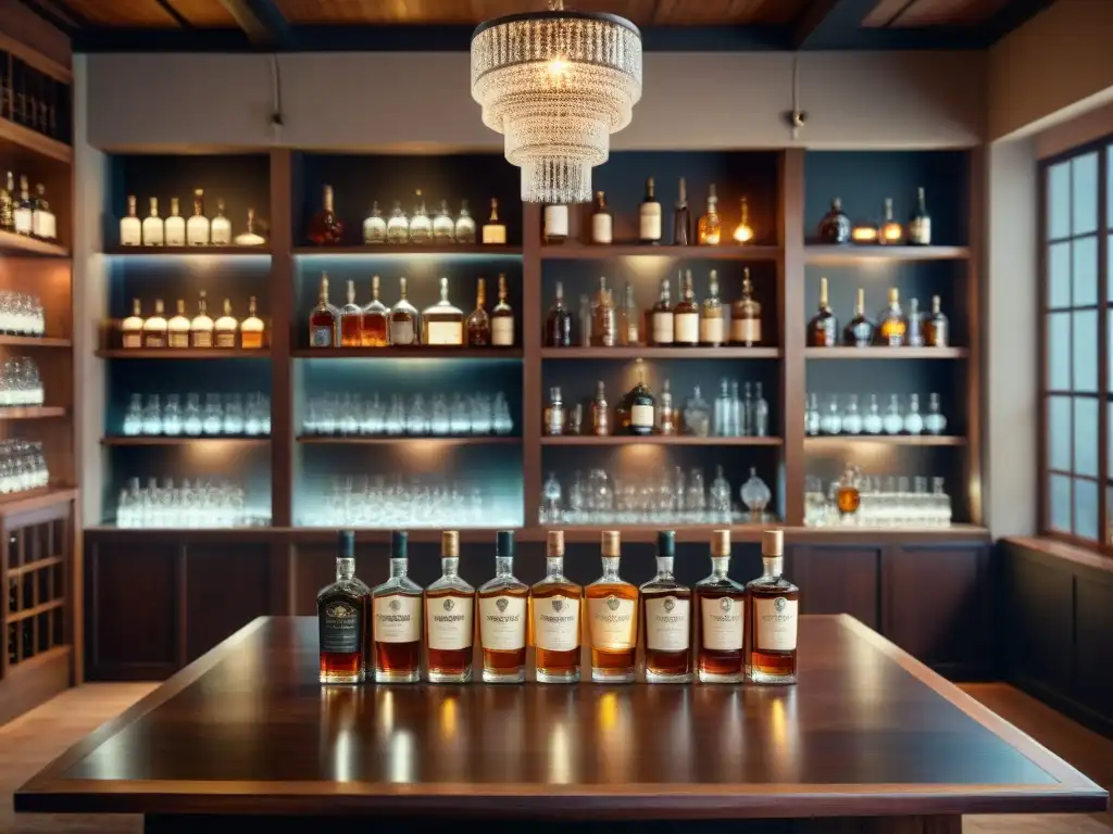 Salón de cata de whisky vintage: ambiente elegante y acogedor Escena de sala de cata de whisky antigua, con botellas, copas de cristal y libros en estanterías polvorientas