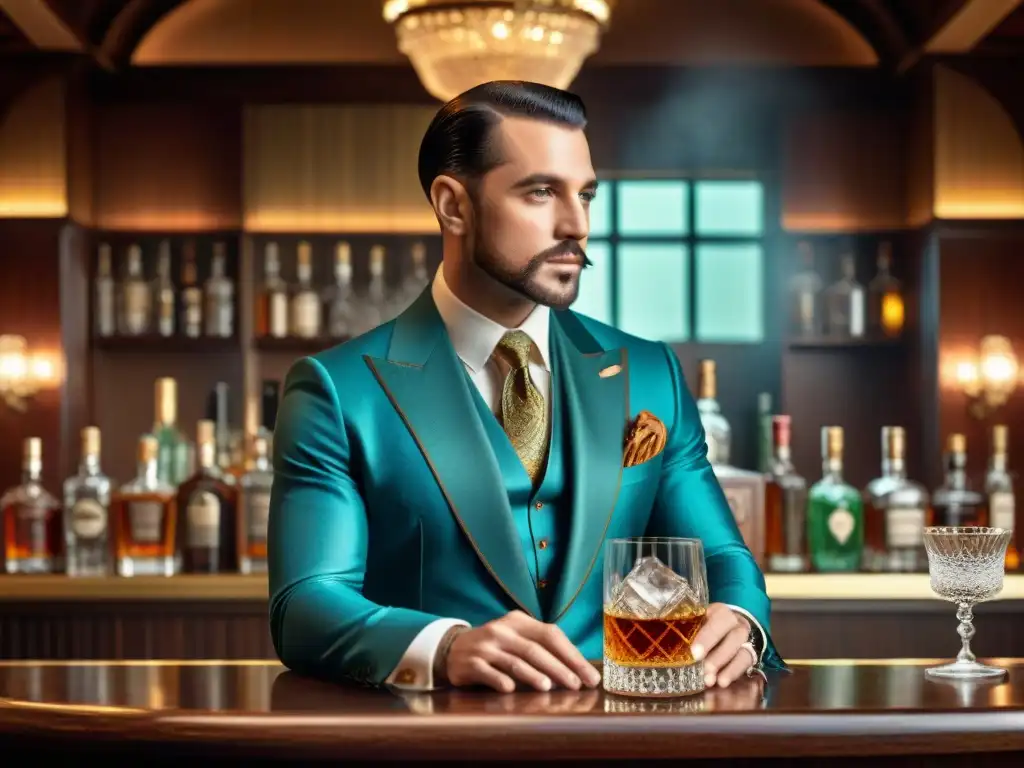 Una escena sofisticada de bar en la década de 1920 con marcas destilados premium recomendadas